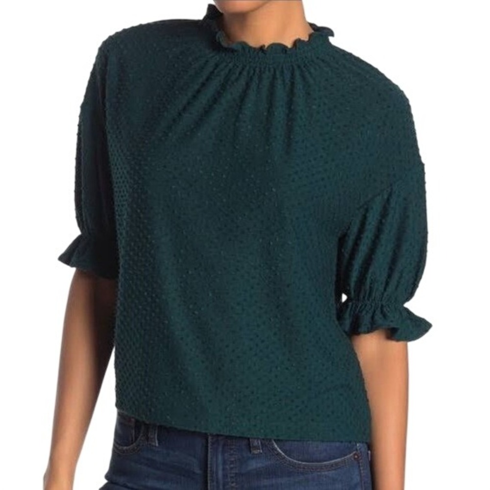 Madewell Texture & Thread Ruffle Mockneck Top Clip Dot‎ Puff Sleeve Green XXS